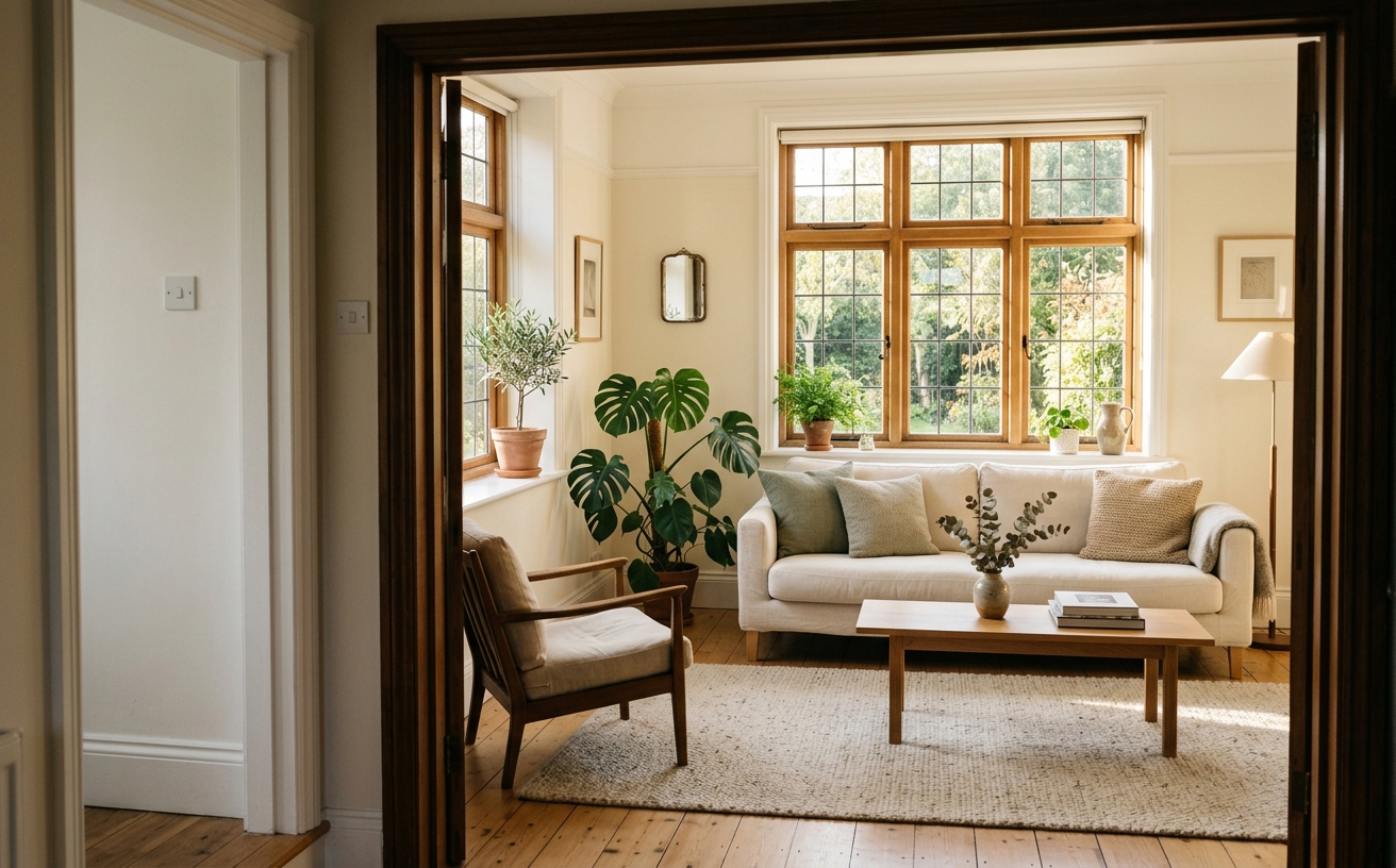 Sunlit living room seen through an open doorway during a property viewing