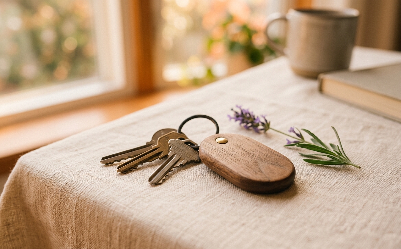 House keys resting on a linen surface